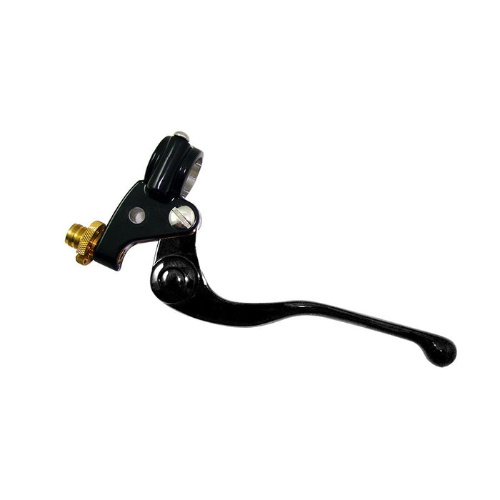 A Moto Iron® 1" Vintage Clutch Perch (Black) Harley and Custom Motorcycle brake lever on a white background.