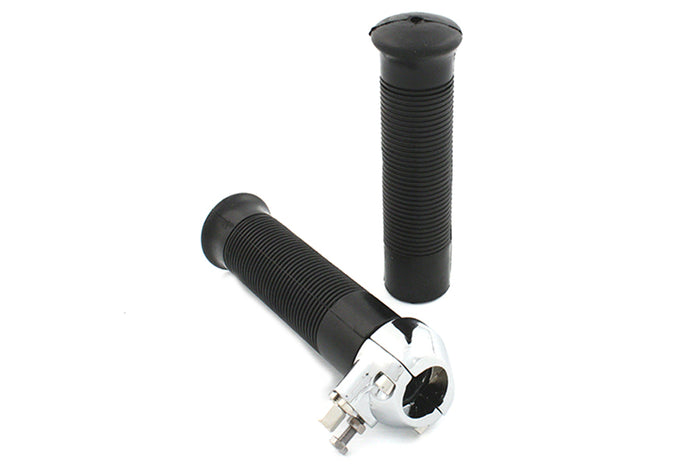 The Moto Iron® 1" Universal Throttle With Grips - Single Cable - Chrome features two black handlebars grips, one with a chrome throttle assembly, offering vintage style. Shown on a white background.