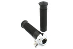 The Moto Iron® 1" Universal Throttle With Grips - Single Cable - Chrome features two black handlebars grips, one with a chrome throttle assembly, offering vintage style. Shown on a white background.