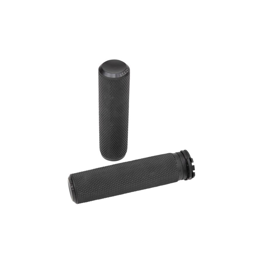 A pair of black rubber Arlen Ness Fusion Knurled Grips on a white background.