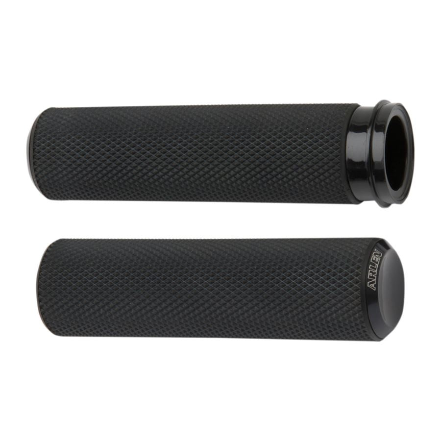 A pair of black Arlen Ness Fusion Knurled Grips on a white background.