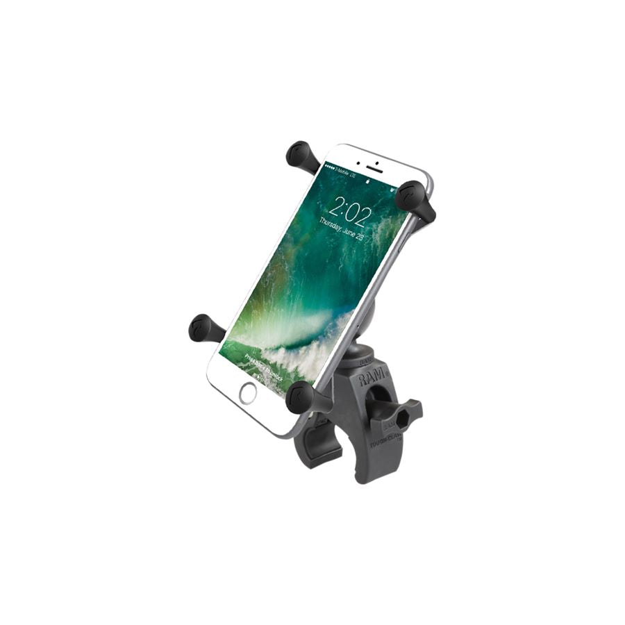 A Ram Cell Phone Holder - Tough-Claw Mount with Universal X-Grip Cradle - Regular Size on a white background, featuring a Ram Mounts X-Grip cradle for a custom fit.