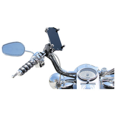 A motorcycle handlebar mounted with a Ram Cell Phone Holder - Tough-Claw Mount with Universal X-Grip Cradle - Large Size by Ram Mounts.