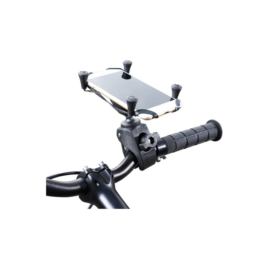 A bicycle with a Ram Cell Phone Holder - Tough-Claw Mount with Universal X-Grip Cradle - Regular Size attached to the handlebar, providing a custom fit for the X-Grip cradle.