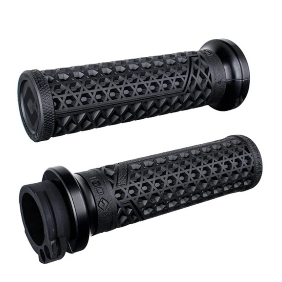 A pair of black, textured ODI Lock-On V-Twin Grips For Harley - Cable Throttle - bike handlebar grips with end caps.
