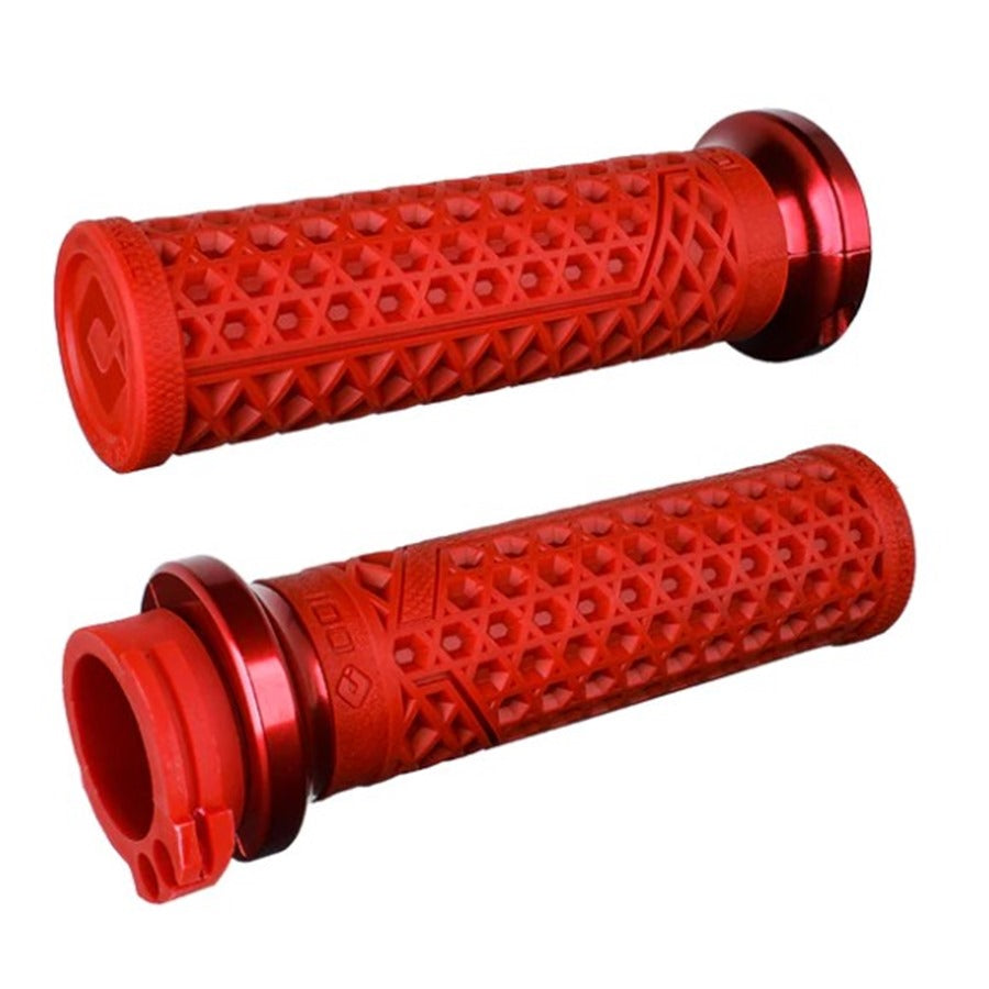 Pair of red Vans Lock-On V-Twin Grips for Harley - Cable Throttle by ODI.