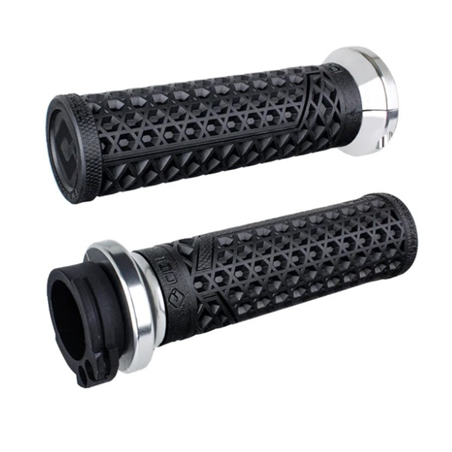 Pair of ODI Vans Lock-On V-Twin Grips For Harley - Cable Throttle - Black/Silver with chrome ends.
