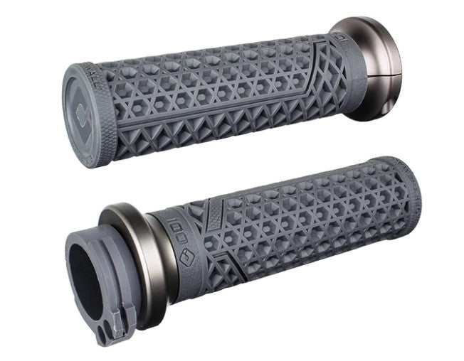 Pair of ODI Vans Lock-On V-Twin Grips For Harley - Cable Throttle - Graphite/Gunmetal for motorcycle handlebar with end caps.