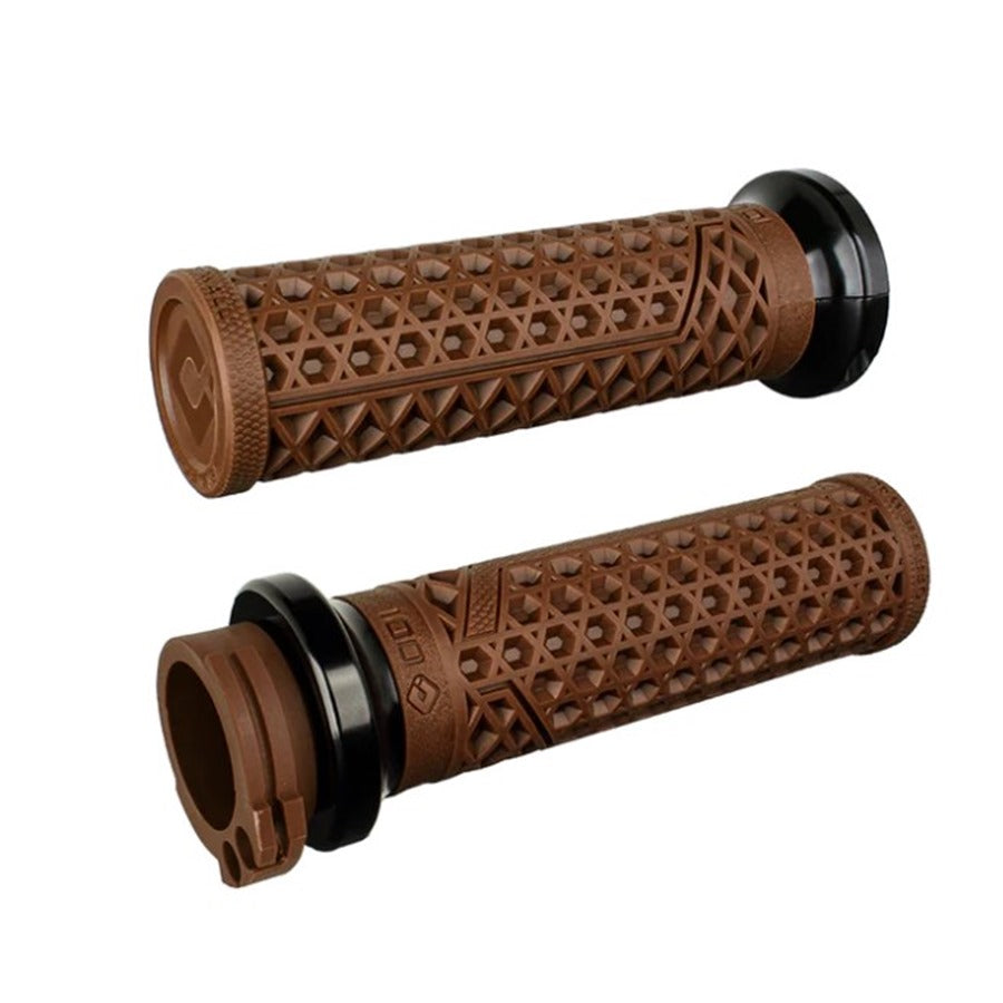 Pair of brown patterned ODI Vans Lock-On V-Twin Grips For Harley - Cable Throttle with black end caps and Lock-On Grip System.