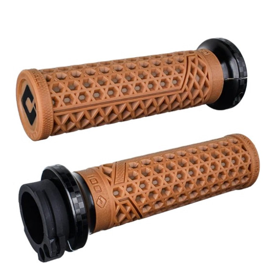 A pair of brown, patterned ODI Vans Lock-On V-Twin grips with black end caps and a Lock-On Grip System.