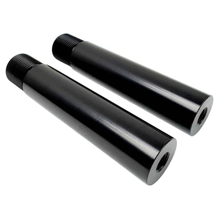 Eight TC Bros. Riser Stems for Pro Series Modular Risers—cylindrical, threaded, in black and silver—are shown upright on a white background, ideal for customization or as replacements.
