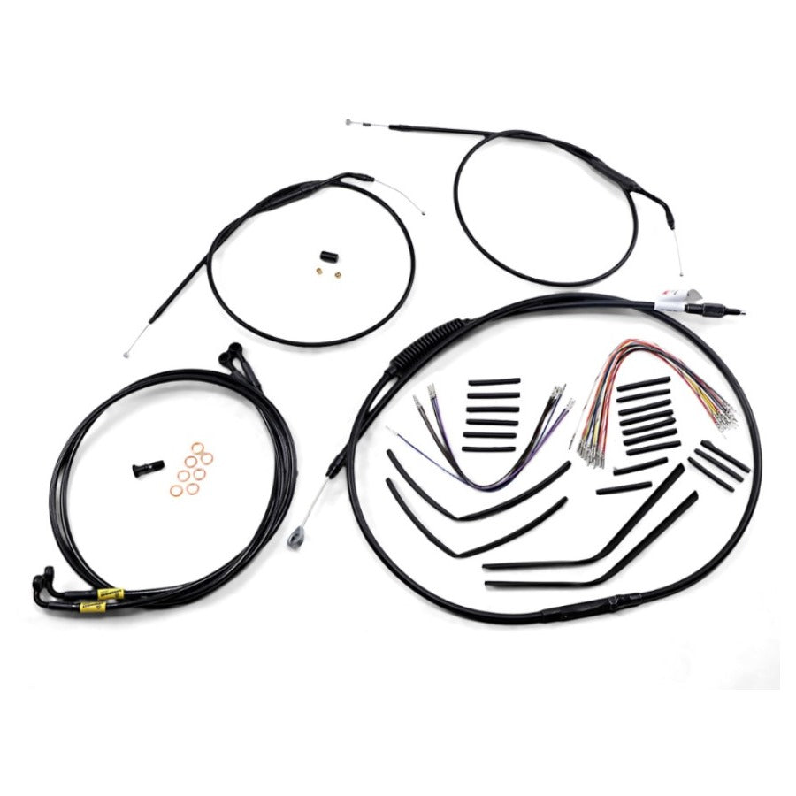 Burly Harley Davidson Dyna motorcycle cable kit, Jail Bar - 14" Handlebars - Black Vinyl, and wiring harnesses displayed on a white background.