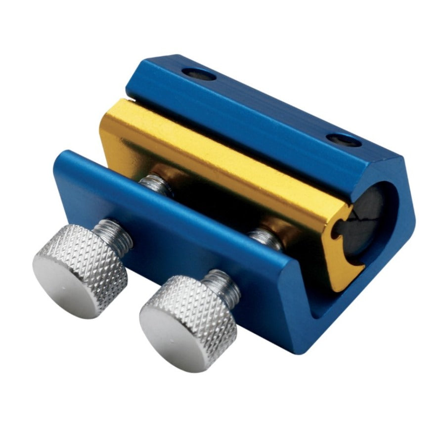 A blue and yellow Motion Pro Motorcycle Cable Luber Tool clamp on a white background.