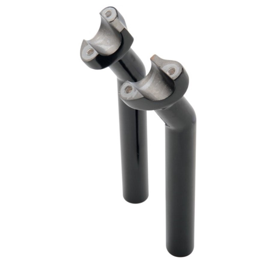 Black industrial tripod legs with Drag Specialties Pullback Risers - 8-1/2" - Black against a white background.