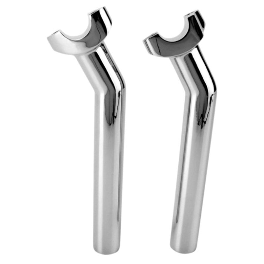 Two shiny Drag Specialties chrome Pullback risers bottle openers with a curved design on a white background.
