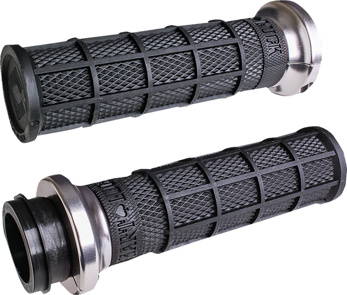 Seven pairs of ODI Hart-Luck Lock-on Grips for Harley-Davidson Cable Throttle, featuring black textured MX-style full-waffle handles with end caps in red, black, silver, or bronze—also suitable for bicycles.