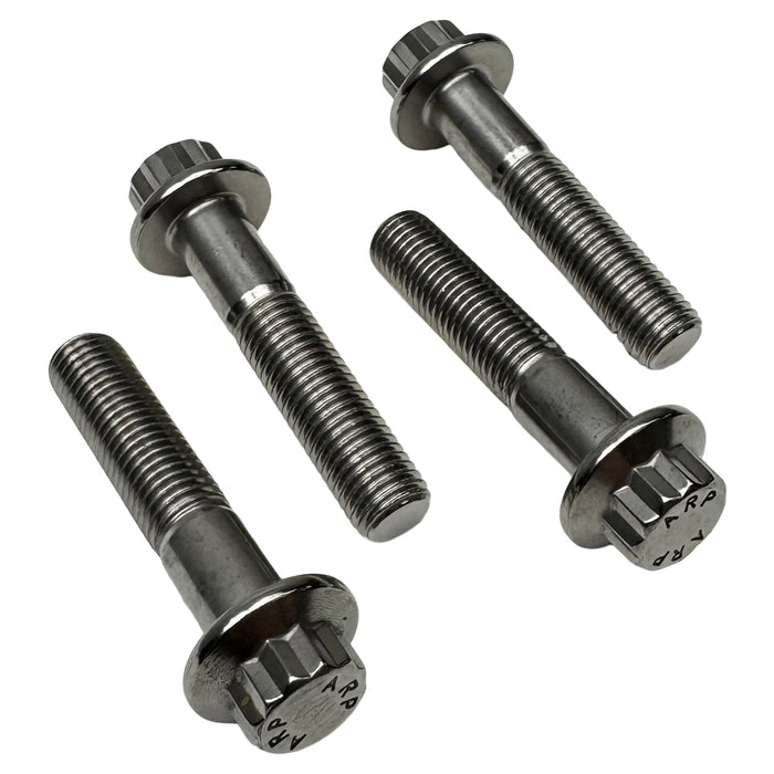 Four TC Bros. Replacement Clamp Bolt Kit bolts with washers arranged diagonally on a white background—perfect for securely assembling TC Bros. Pro Series Truss Risers.