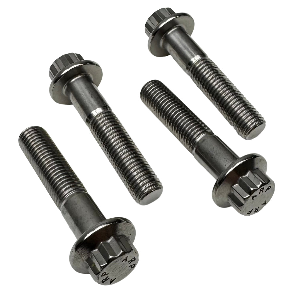 Four TC Bros. Replacement Clamp Bolt Kit bolts with washers arranged diagonally on a white background—perfect for securely assembling TC Bros. Pro Series Truss Risers.