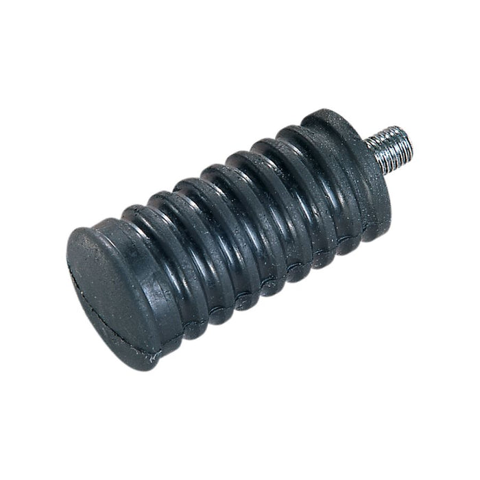 The Moto Iron® Stock Style Harley Rubber Shifter Peg features a black cylindrical rubber design with ridges and a threaded metal end, ensuring quality fitment for Harley enthusiasts. Compatible with OEM