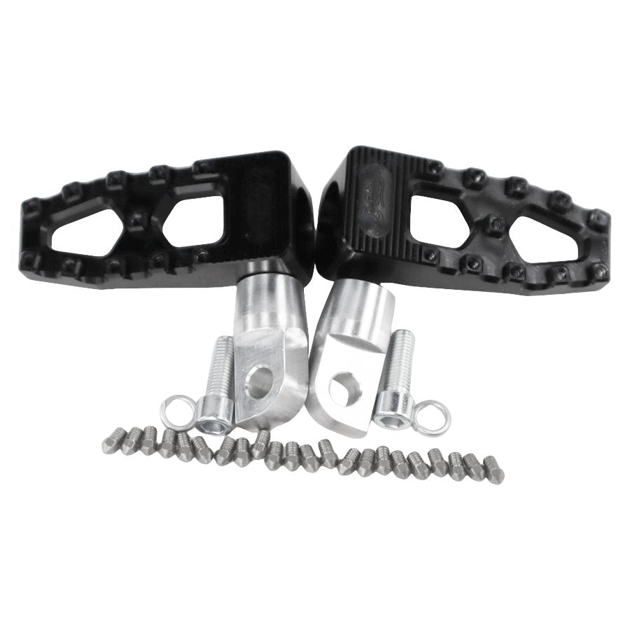 A pair of TC Bros. Pro Series Black MX Lite Foot Pegs for Harley Davidson Models on a white background, designed for high traction and stability while catering to the needs of Harley Davidson riders.