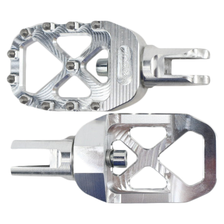A pair of TC Bros. Pro Series MX Rider Foot Pegs for 2018-newer Harley Softail & Pan America on a white background, providing excellent traction for the Harley Davidson rider.