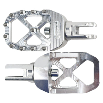 A pair of TC Bros. Pro Series MX Rider Foot Pegs for 2018-newer Harley Softail & Pan America on a white background, providing excellent traction for the Harley Davidson rider.