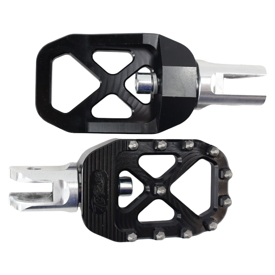 A pair of TC Bros. Pro Series Black MX Rider Foot Pegs for 2018-newer Harley Softail & Pan America, providing high traction and stability, on a white background.