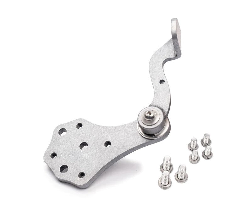 A Prism Supply Sling Shot Clutch Control - 4 Speed - Stainless metal bracket with screws and bolts on a white background.