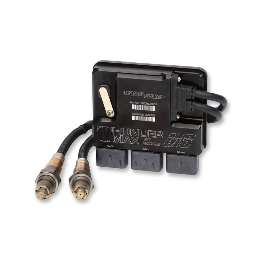 A black box with two wires attached to it, known as the ThunderMax ECM With Integral Auto Tune Closed Loop System For Harley Touring 2017-2020, is a closed-loop control system.