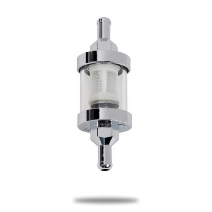 The Drag Specialties Moto Iron 1/4" Inline Glass Mini Fuel Filter features a transparent glass body, metal ends, 1/4" barb fittings, and a visible white filter element for superior carburetor protection.