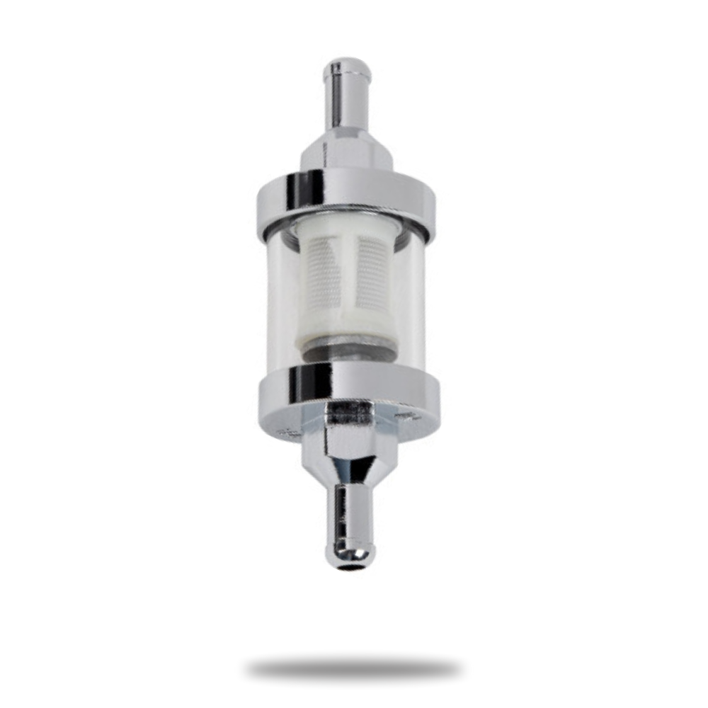 The Drag Specialties Moto Iron 1/4" Inline Glass Mini Fuel Filter features a transparent glass body, metal ends, 1/4" barb fittings, and a visible white filter element for superior carburetor protection.