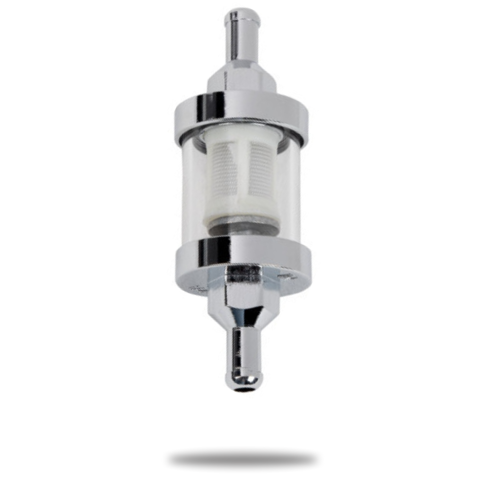 The Moto Iron® Inline Glass Mini Fuel Filter, made of metal and plastic with 5/16" barb fittings, features a transparent body and mesh filter for carburetor protection. It is shown against a white background with a shadow below.