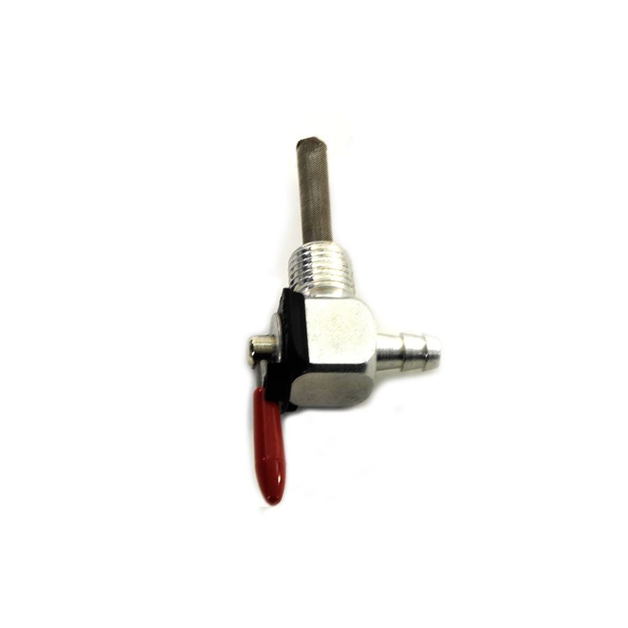 A Wyatt Gatling 1/4" 90 Degree Petcock With Screen Filter with a red handle on a white background.