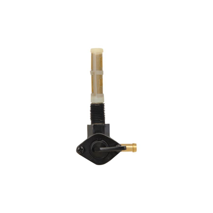 A black 1/4" Petcock Fuel Valve - 90 Degree by Drag Specialties with NPT threads on a white background.