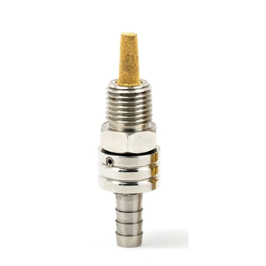 A Prism Supply Petcock - 1/4" NPT Stainless on a white background, giving off a fuel tank appearance.