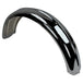 The Moto Iron® 5" Wide Raw Steel Ribbed Bobber Fender in chrome, slightly curved, shines brilliantly against a plain white background.