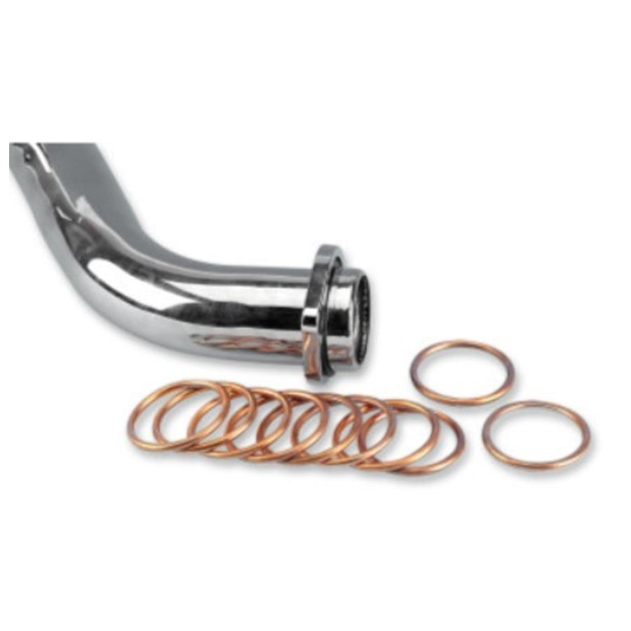 Chrome faucet handle with several James Gaskets Copper Exhaust Gaskets on a white background.