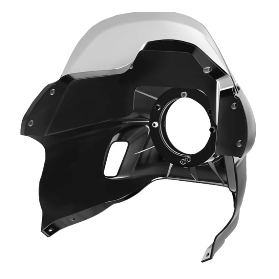 3D illustration of a futuristic helmet with metallic finish, featuring a visor and chin guard for enhanced wind protection inspired by the Saddlemen Mini Fairing - For 18'-'23' Softail & 04'-21' Sportster.