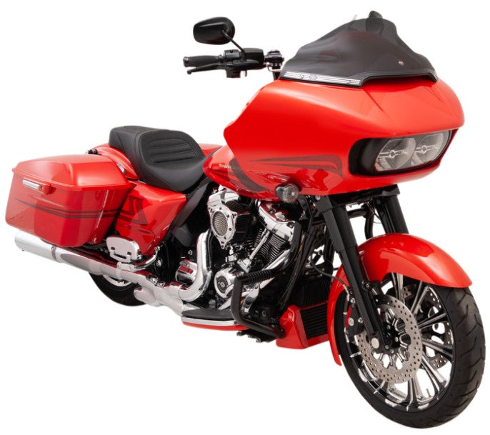 Red touring motorcycle with hard saddlebags and Klockwerks Flare Windshield - 9" - Dark Smoke, isolated on a white background.
