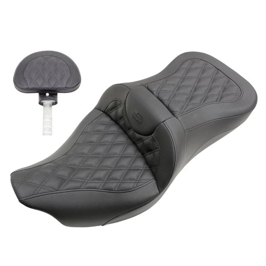 The Extended Reach Road Sofa Seat - Lattice Stitched - Backrest - '08-'24 FL by Saddlemen features Gelcore™ Technology perfect for Harley-Davidson touring models.
