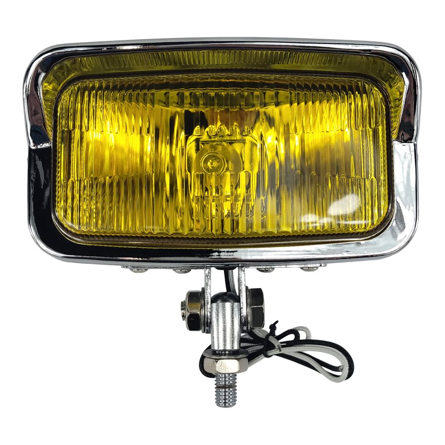 A Moto Iron® Rectangle Chopper Headlight - Chrome - Amber Lens with an amber glass lens on a white background.