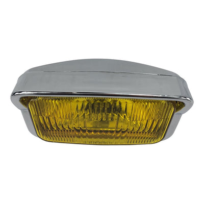 A Moto Iron® Rectangle Chopper Headlight - Chrome - Amber Lens with an amber glass lens on a white background.