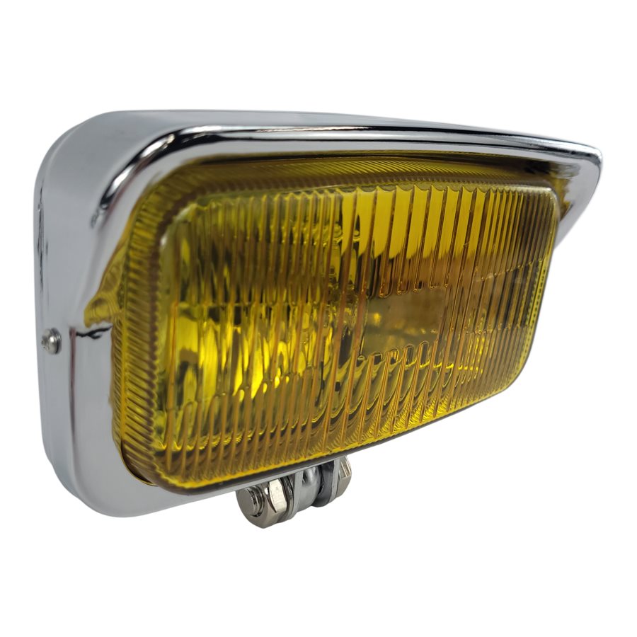 A Rectangle Chopper Headlight - Chrome - Amber Lens by Moto Iron® with an amber glass lens on a white background.