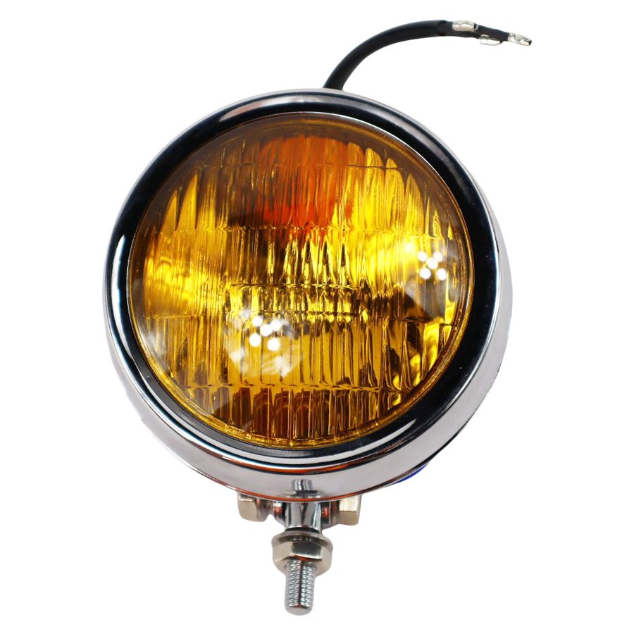 A 4" Chopper Headlight - Chrome Amber Lens by Moto Iron® with a yellow amber glass lens on a white background.