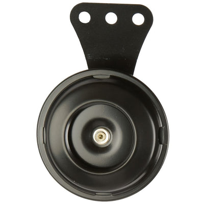 An image of the Firepower Universal Mini Horn 12v - Black with a hole in its black rim, showcasing its compact design.