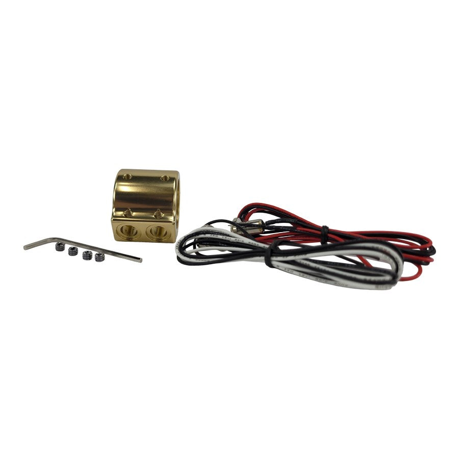 A set of wires and a brass switch with a HardDrive Dual Handlebar Switch Kit - Gold - 1" gold handlebar switch kit.
