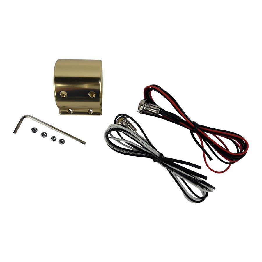 A set of HardDrive Dual Handlebar Switch Kits - Gold - 1" and a gold plate with wires.