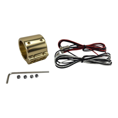 A set of wires and a brass ring with a HardDrive 1" Dual Handlebar Switch Kit - Gold.