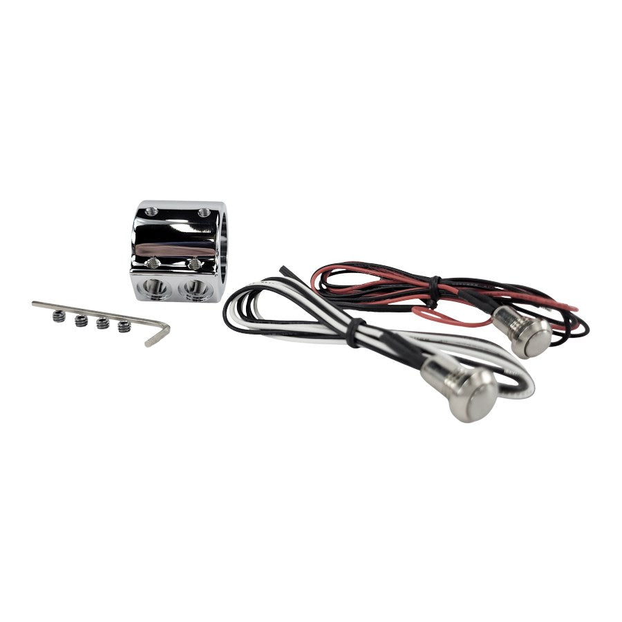 A HardDrive 1" Dual Handlebar Switch Kit - Chrome and chrome wires for a motorcycle.