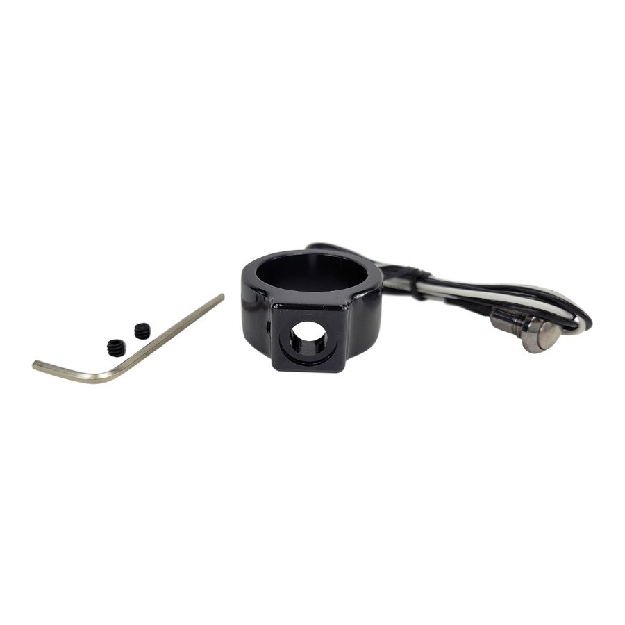 A black HardDrive Single Handlebar Switch Kit - Black - 1" custom motorcycle ring with a wire attached to it.